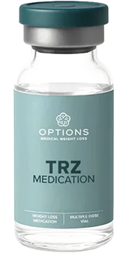 A clear glass vial with a teal label and cap, labeled OPTIONS MEDICAL WEIGHT LOSS, TRZ MEDICATION, and additional text noting WEIGHT LOSS MEDICATION and MULTIPLE DOSE VIAL.