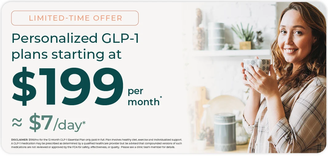 A smiling woman holds a mug, standing in a kitchen. Text reads: “Personalized GLP-1 plans starting at $199 per month, approximately $7 per day,” with a “Limited-Time Offer” banner at the top.