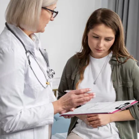 A doctor in a white coat discusses medical paperwork with a young woman, who is looking down at the clipboard and listening attentively. The setting appears to be a medical office or clinic.