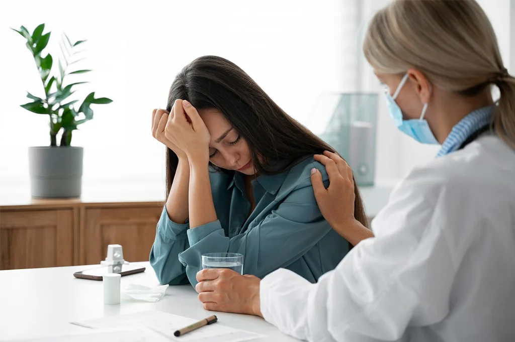 A woman sits at a desk looking distressed, holding her head in one hand and a glass of water in the other. A doctor wearing a white coat and mask sits beside her, offering comfort with a hand on her shoulder.