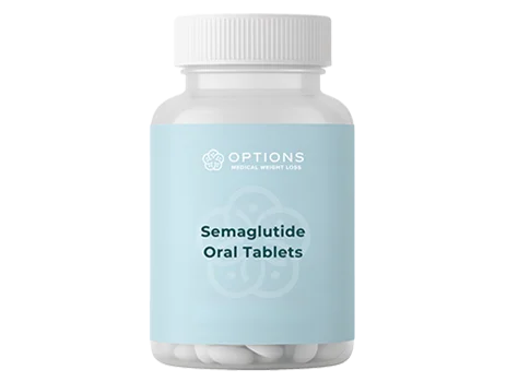 A clear bottle with a white cap and a light blue label that reads OPTIONS Medical Weight Loss Semaglutide Oral Tablets, containing white tablets inside.