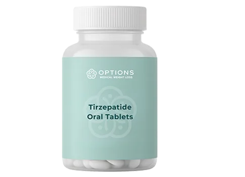 A bottle labeled Options Medical Weight Loss Tirzepatide Oral Tablets with a light blue-green label and white cap, containing white tablets inside.