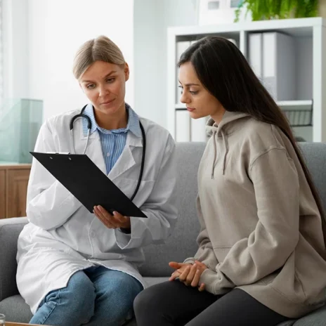 A doctor in a white coat shows a clipboard with documents to a young woman in a beige sweater as they sit together on a gray couch, engaged in a discussion in a bright office.