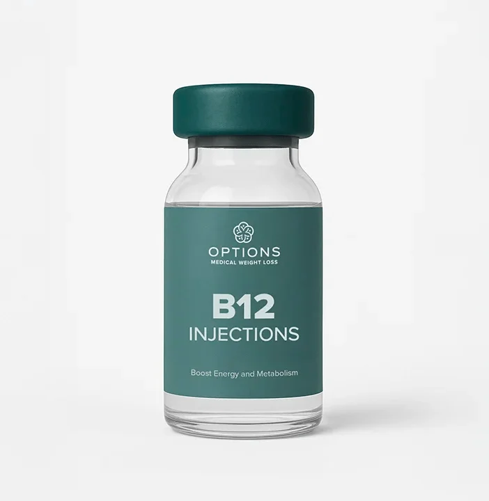 A small glass vial with a teal label that reads OPTIONS Medical Weight Loss B12 Injections. Boost Energy and Metabolism on a plain white background.