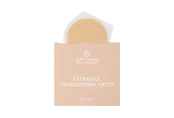 A beige estradiol transdermal patch partially visible inside a light pink packet labeled OPTIONS Medical Weight Loss, Estradiol Transdermal Patch, RX Only on a white background.