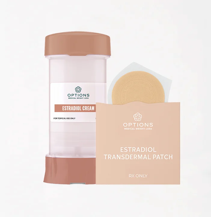 A container of estradiol cream and a package with an estradiol transdermal patch are displayed side by side, both labeled Options Medical Weight Loss on a white background.