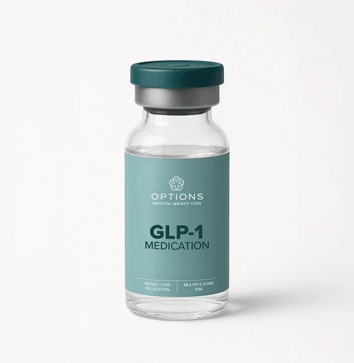 A small glass vial with a teal label and cap, labeled GLP-1 Medication from Options Medical Weight Loss, indicating it is a weight loss medication in a multi-dose vial.
