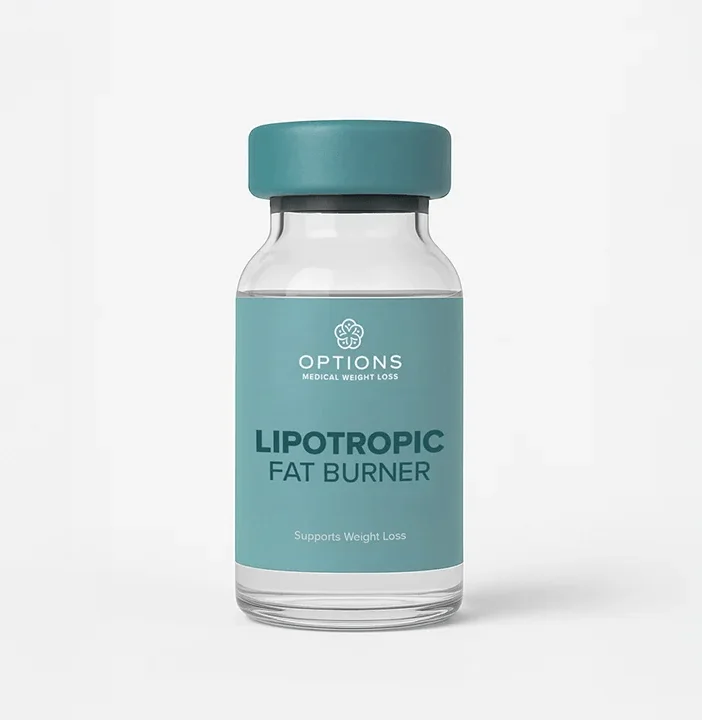 A small glass vial with a blue cap and label that reads Options Medical Weight Loss Lipotropic Fat Burner—Supports Weight Loss on a plain, light background.