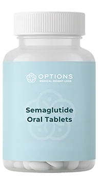 A bottle labeled Semaglutide Oral Tablets from Options Medical Weight Loss, containing white tablets and featuring a light blue label with white text and a simple logo.