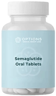 A clear bottle labeled Semaglutide Oral Tablets from Options Medical Weight Loss, filled with white tablets and capped with a white lid.