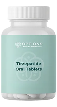 A white bottle labeled OPTIONS Medical Weight Loss with the text Tirzepatide Oral Tablets on a light blue-green background, containing white tablets inside.