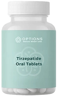 A bottle labeled Tirzepatide Oral Tablets from Options Medical Weight Loss, with a white cap and light blue label. White tablets are visible inside the clear bottle.