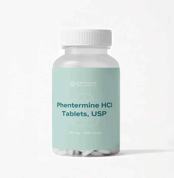 A clear bottle with a light blue label containing white tablets. The label reads: Phentermine HCl Tablets, USP 37.5 mg | 1000 tablets with the brand Options at the top. The bottle has a white cap.