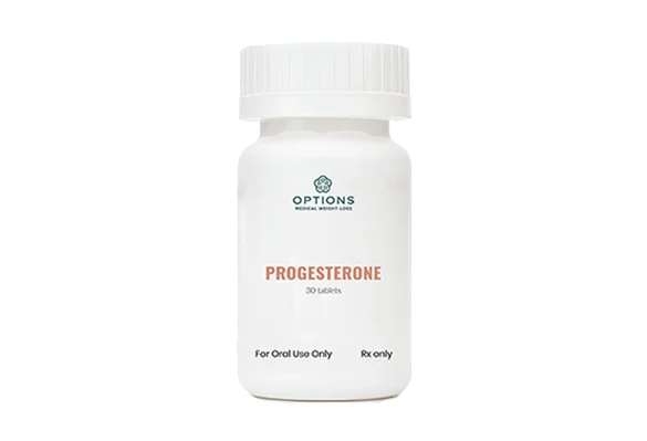 White prescription bottle labeled Progesterone 30 tablets with the brand Options Medical Weight Loss and text indicating For Oral Use Only and Rx only.
