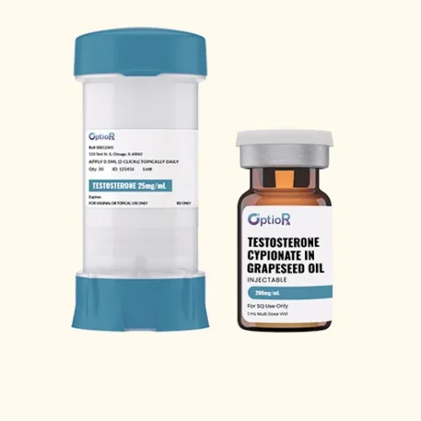 Two OptioR medications: a blue-capped topical testosterone gel pump (25mg/mL) and a brown glass vial of injectable testosterone cypionate in grapeseed oil (200mg/mL) with a white label and orange cap.