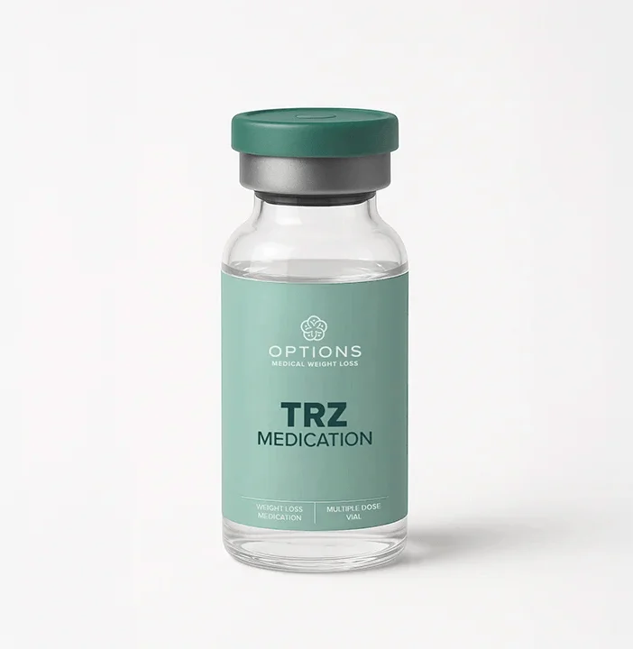 A small medical vial labeled OPTIONS Medical Weight Loss TRZ Medication with a green cap and green label, standing upright on a plain white background.