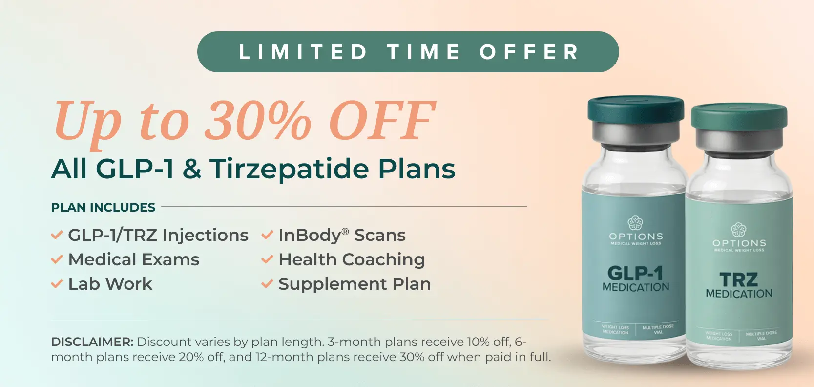 Promotional banner offering up to 30% off all GLP-1 and Tirzepatide plans, featuring two medication vials and listing services like injections, exams, scans, lab work, coaching, and supplement plan.