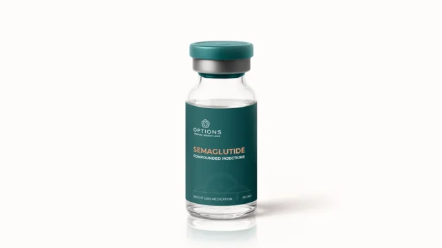 A glass vial labeled Semaglutide Compounded Injections with a teal cap and teal label, used for weight loss medication, from a brand called Options. The vial is standing on a white surface.