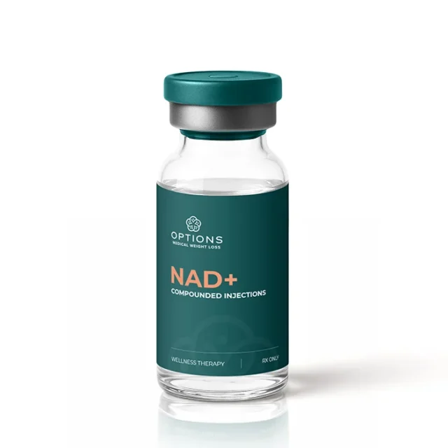 A clear glass vial labeled OPTIONS MEDICAL WEIGHT LOSS NAD+ COMPOUNDED INJECTIONS, with a teal cap and teal label featuring white and orange text, placed on a white background.