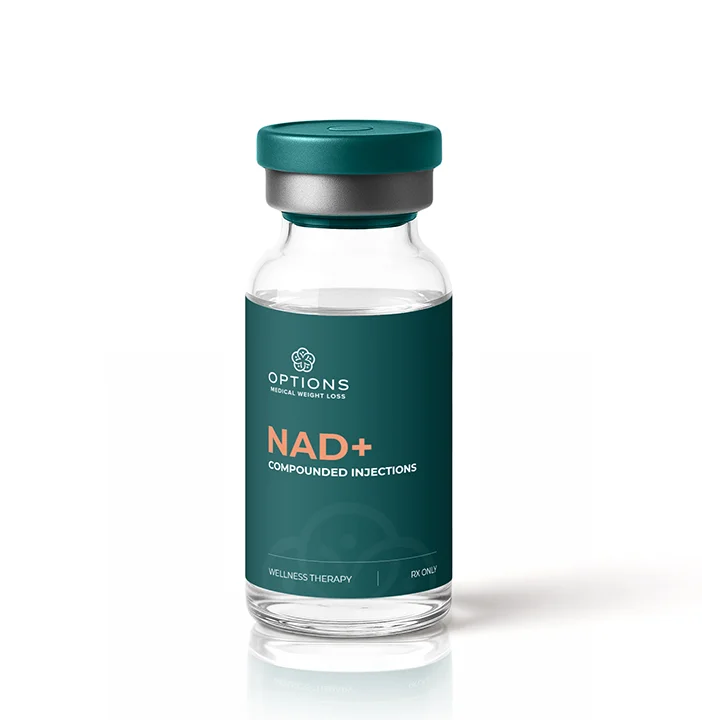 A clear glass vial labeled OPTIONS MEDICAL WEIGHT LOSS NAD+ COMPOUNDED INJECTIONS, with a teal cap and teal label featuring white and orange text, placed on a white background.