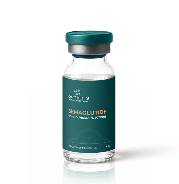 A clear glass vial with a green cap labeled OPTIONS Medical Weight Loss containing semaglutide compounded injections, described as weight loss medication, standing on a white background.