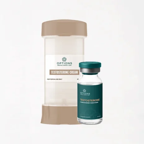 Two medical containers: one beige-lidded tube labeled Testosterone Cream and one glass vial with a teal cap labeled Testosterone Compounded Injection, both from Options Medical Weight Loss.