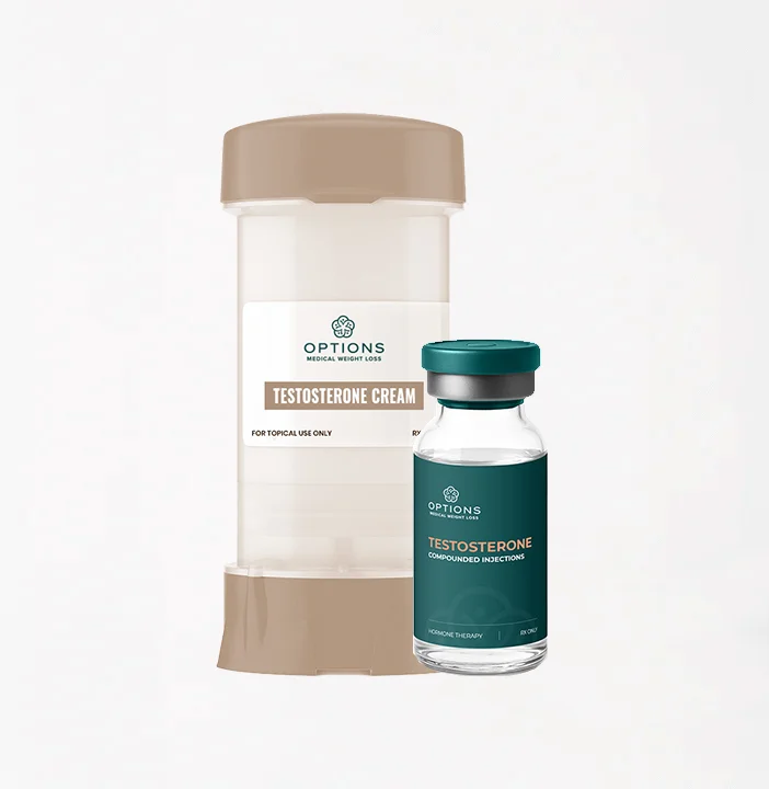 Two medical containers: one beige-lidded tube labeled Testosterone Cream and one glass vial with a teal cap labeled Testosterone Compounded Injection, both from Options Medical Weight Loss.