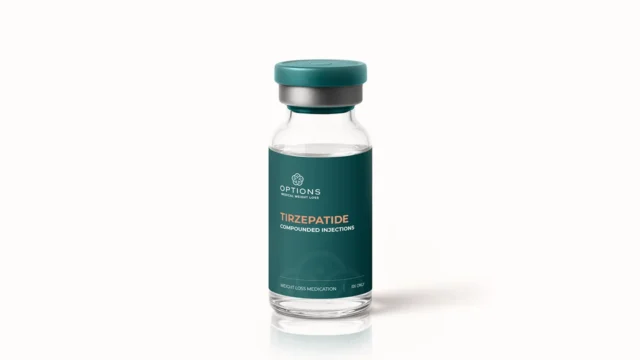 A teal and clear vial labeled OPTIONS and TIRZEPATIDE COMPOUNDED INJECTIONS stands upright on a white surface, intended for weight loss medication.