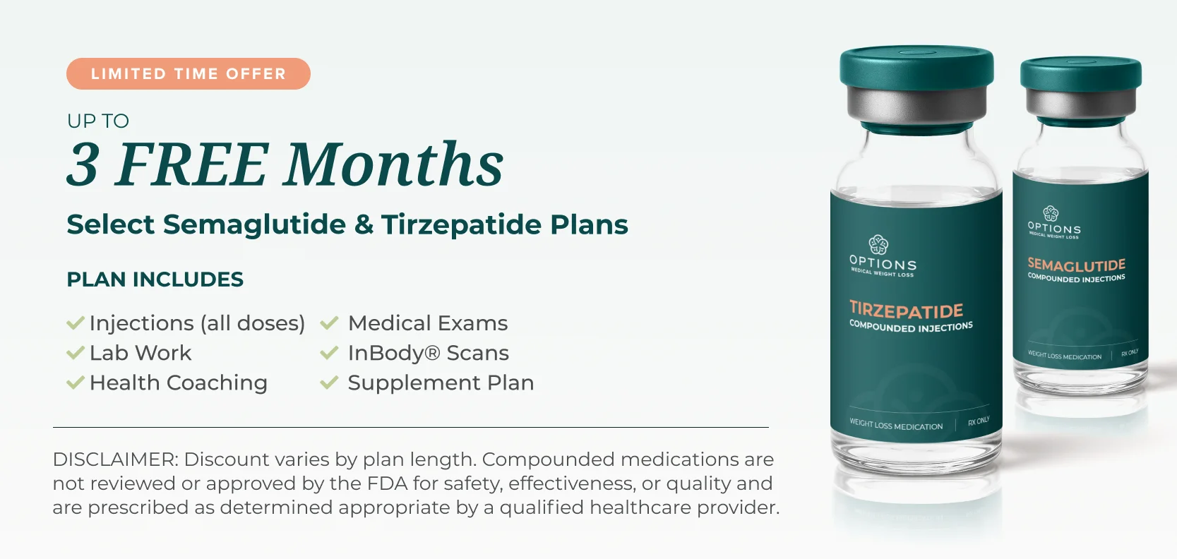 Promotional banner offering up to 3 free months of select Semaglutide and Tirzepatide plans with images of two injection vials; plan includes injections, lab work, health coaching, medical exams, body scans, and supplement plan.