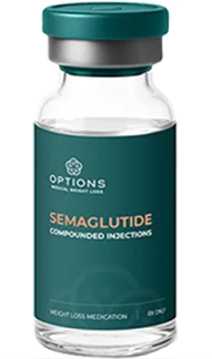 A vial labeled Semaglutide Compounded Injections from Options Medical Weight Loss, with a teal and silver cap and teal label indicating weight loss medication.