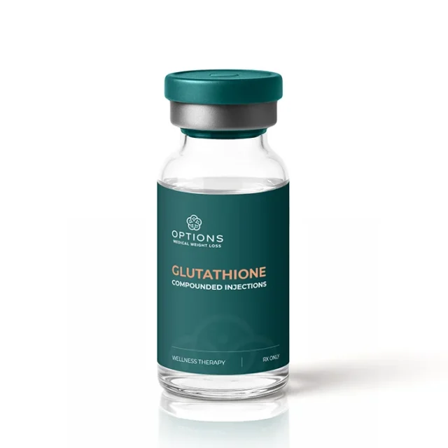 A small glass vial with a teal and white label reading OPTIONS Glutathione Compounded Injections and a teal cap, shown on a white background.