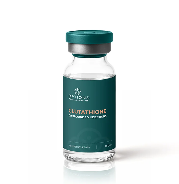 A small glass vial with a teal and white label reading OPTIONS Glutathione Compounded Injections and a teal cap, shown on a white background.