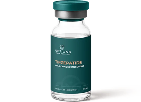 A vial labeled Options Tirzepatide Compounded Injections with a teal cap and label, designed for Medical Weight Loss. The vial contains a clear liquid and is shown standing on a white background.