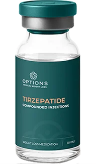 A clear vial labeled OPTIONS Medical Weight Loss TIRZEPATIDE COMPOUNDED INJECTIONS, containing a liquid medication for weight loss, with a teal and silver cap.