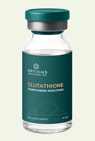 A clear glass vial with a green cap and teal label reading OPTIONS Medical Weight Loss, Glutathione Compounded Injections, Wellness Therapy, RX Only.