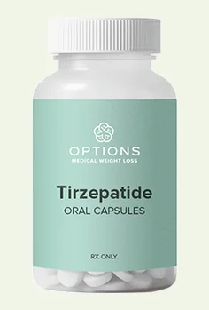 A white bottle labeled OPTIONS Medical Weight Loss Tirzepatide Oral Capsules RX ONLY with a light green label and white pills visible inside.
