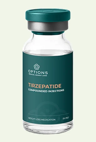 A clear vial labeled Tirzepatide Compounded Injections from Options Medical Weight Loss, with a teal cap and a teal and orange label indicating it is a weight loss medication for prescription use only.