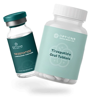 A vial labeled Tirzepatide Compounded Injection and a bottle labeled Tirzepatide Oral Tablets, both with teal-blue labels featuring the Options Medical Weight Loss logo.