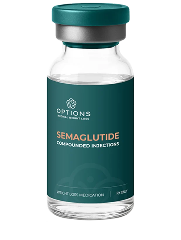 A clear vial labeled Semaglutide Compounded Injections with a green cap and a teal label, indicating its a weight loss medication from Options Medical Weight Loss, for prescription use only.