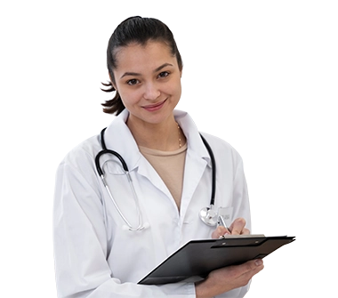 A female doctor in a white lab coat with a stethoscope around her neck smiles while holding a clipboard and pen, appearing friendly and professional.