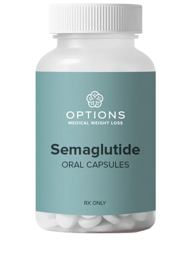 A white pill bottle labeled Options Medical Weight Loss Semaglutide Oral Capsules RX Only with a teal label and white cap, containing white capsules inside.