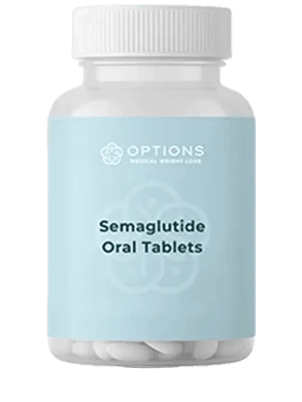 A clear plastic bottle with a light blue label reading OPTIONS Medical Weight Loss Semaglutide Oral Tablets, containing white round tablets.