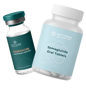 A vial labeled Tirzepatide, Compounded Injection and a bottle labeled Semaglutide Oral Tablets, both from Options Medical Weight Loss.