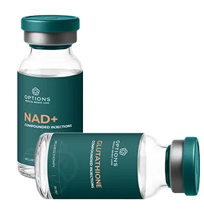Two medical vials with teal caps and labels. One vial is labeled NAD+ Compounded Injections and stands upright; the other, labeled Glutathione Compounded Injections, lies horizontally in front.