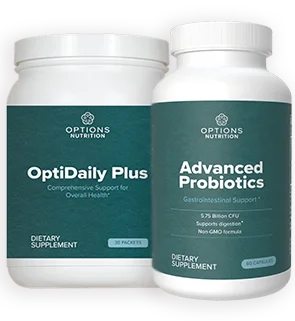 Two bottles of dietary supplements from Options Nutrition: one labeled OptiDaily Plus for overall health support, and the other labeled Advanced Probiotics for gastrointestinal support.