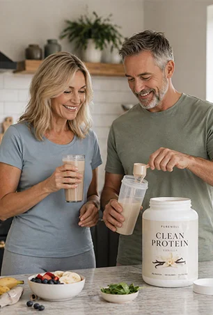 A smiling man and woman stand in a kitchen mixing protein shakes. The man scoops powder from a large vanilla protein container while the woman holds a shake. Fresh fruits and greens are on the counter.