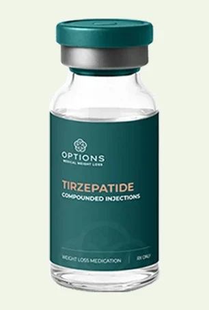 A clear medical vial with a teal label and gray cap, labeled Tirzepatide Compounded Injections from Options Medical Weight Loss, intended for weight loss medication.