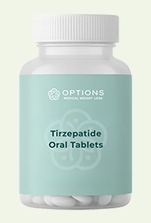 A bottle labeled OPTIONS Medical Weight Loss contains white pills and is marked Tirzepatide Oral Tablets on a light blue label.