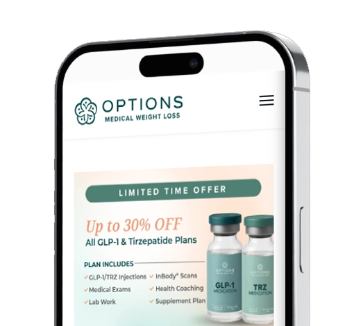 A smartphone screen displays an advertisement for Options Medical Weight Loss, promoting up to 30% off GLP-1 and Tirzepatide plans, with images of two medication vials and a list of plan benefits.