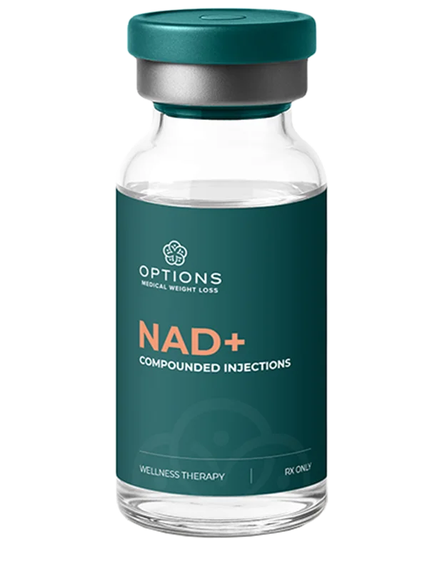 A clear glass vial with a teal label and cap, labeled “OPTIONS Medical Weight Loss NAD+ Compounded Injections,” intended for wellness therapy; “RX Only” is printed at the bottom.